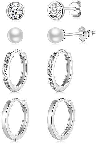 4 Paar Ohrstecker Creolen Silber 925 Klein für Damen, AAA+ Zirkonia Perlen Ohrstecker Ohrringe Gold Set, Knorpel Huggie 14K Vergoldete Goldene Ohrringe für Mädchen Frauen