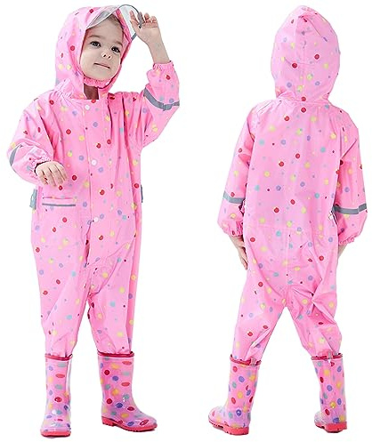 Fouyada Kids Toddler Rain Suit for Boys Girls One Piece Hooded Waterproof Coverall Rain Jacket Unisex Kids Puddle Suit