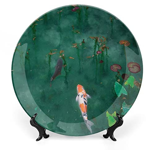 XISUNYA 6 Inch Decorative Plate, Koi Fish Porcelain Plate, Rainy Day Breathing Koi Print Ornament Display Plate for Fine Dining, Upscale Events, Dinner Parties, Weddings, Catering Christmas