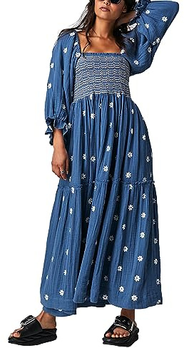 Acrawnni Women's Flower Embroidered Maxi Dress Long Puff Sleeve Square Neck Smocked Tiered Bohemian Flowy Dress Beach Long Dress