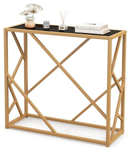 COSTWAY konsolbord, hallbord med härdat glas och guldfärgad metallram, smal entrébord, konsol, sidobord för vardagsrum, hall, sovrum, 80 x 30 x 75 cm