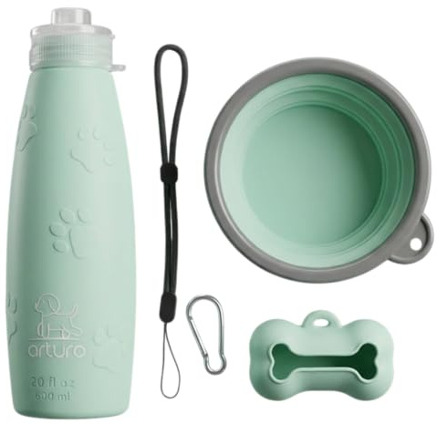 Botella 600ml. El tamaño Ideal. Agua Pipi Perros de Silicona A+ Apta también para Bebida. Recupera su Forma. con tapón antigoteo y Accesorios para Perros. Salida Chorro. Verde.