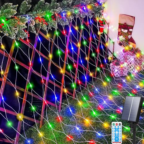 Aofonchy Luces de Red Solares 3x2M 192LED, Impermeable Luz de Hadas de Malla Con 8 Modos, Control Remoto, Regulables Guirnaldas Exterior para Navidad Jardín Arbusto Césped