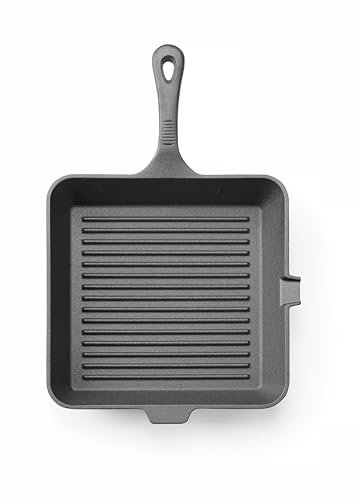 HENDI Poêle à griller en fonte, côtelé, avec bec verseur, poêle à frire pour four feu, cuisinière à gaz, induction, électrique, plaque vitrocéramique, grill barbecue, poignée: 140mm, 250x250x(H) 50mm