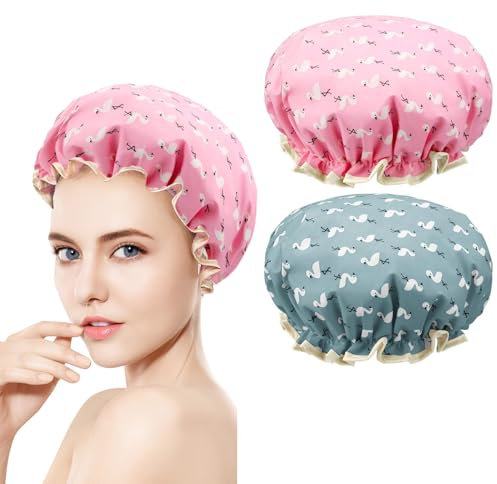RENKE 2 Pcs shower caps for women uk,Elastic Band Double Layers Waterproof Shower Caps,Shower hat, Two Layer Design, hair cap Suitable for Adults and Children,Multifunctional & Portable