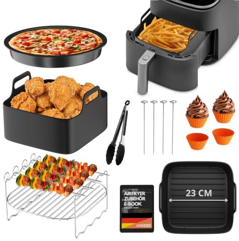 Heißluftfritteuse Zubehör für Philips NA230 6,2L, Cosori Turboblaze 6L-6,4L | 13-teiliges Set mit 23cm BPA-freier Silikonform, Pizzablech, Edelstahl-Grillrost & Spießen. Passend für Russell Hobbs 8L