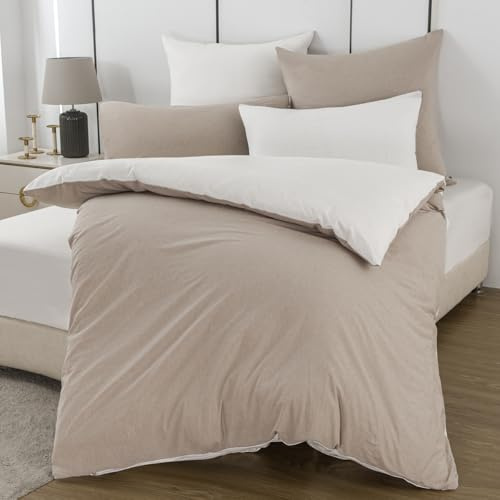 Nesture Bettwäsche 140x200 Baumwolle Beige/Weiß - Bettwäsche-Sets 2teilig Weich, 100% Gewaschene Baumwoll, Enthält 1 Bettbezug 140x200cm und 1 Kissenbezug 80x80 mit Reißverschluss