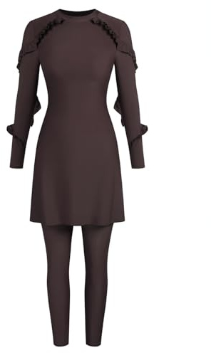 ZAFUL Women Modest Muslim Swimsuits Ruffle Full Coverage Islamic Arabic Burkini 2 Pieces Bathing Suit Brown L