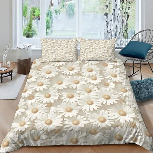 Set di biancheria da letto con copripiumino reversibile con stampa con margherite, con chiusura a cerniera, 3 pezzi, in microfibra morbida e leggera, per letto king size (220 x 240 cm)