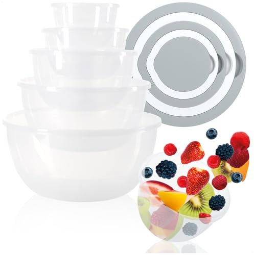 com-four® Juego de cuencos para mezclar de 5 piezas con tapa - ensaladeras en 5 tamaños - cuencos para hornear de 0,4/0,8/1,5/2,5/4,4 litros - cuencos aptos para lavavajillas - cuencos