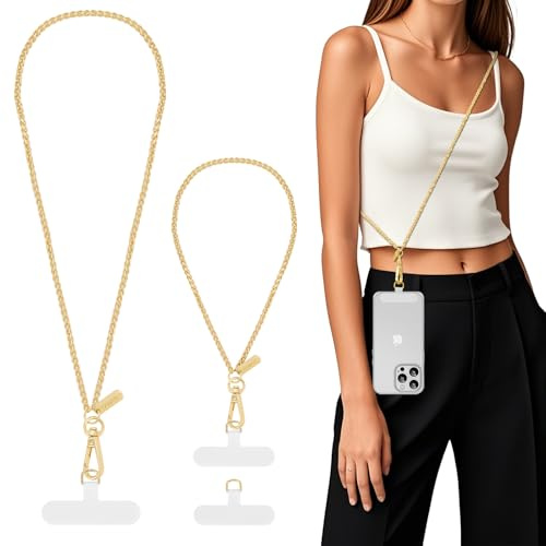 MoKo Phone Chain Crossbody, Metal Cell Phone Lanyard, Universal Cellphone Lanyard for iPhone, Samsung, Most Smartphones, Cellphone Crossbody Strap × 1, Wrist Strap x 1, Patches × 2, Pale Gold | Cellphone Lanyard for iPhone, Most Smartphones, Cellphone Crossbody Strap × 1, Wrist Strap x 1, Patches × 2, Pale Gold