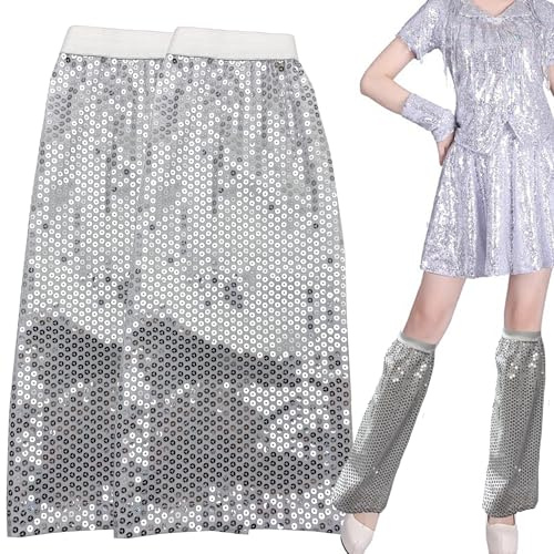 DHER Chauffe-jambes à paillettes fille Couvre-pied à paillettes brillantes pour femmes des années 70 pour disco bal carnaval hip-hop hip-hop cheerleader baise spectacle (Argent, 44 cm)