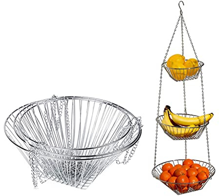 Jerool Frutero colgante de metal negro de 3 niveles, cesta colgante para frutas y verduras, bandeja de frutas ajustable extraíble