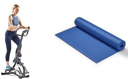 Sunny Health & Fitness Stair Stepper w/Handlebar, Extended Step Range Machine for Climbing Exercise + Yoga Mat - Blue