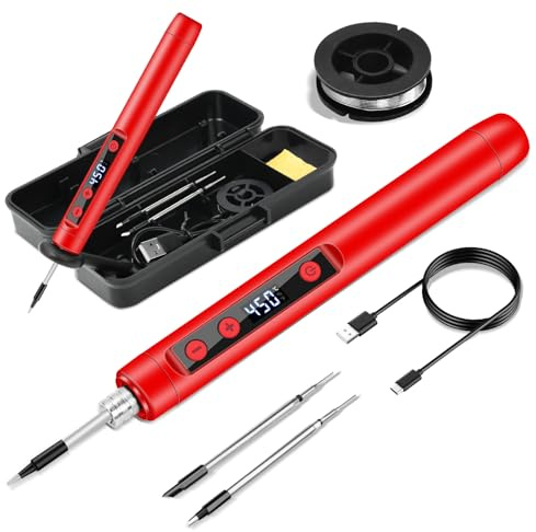 KKMOL Akku Lötkolben Set, USB Wiederaufladbar Lötkolben mit LCD, Temperatur Einstellbare 180 ℃-450 ℃, 3 Lötspitzen, Lötdraht, Lötset für Reparatur des Schweißens - Rot