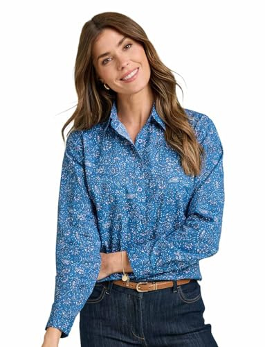 Amber Ladies Long Sleeve 100% Cotton Printed Shirt Button Through Blouse Blue Print 18