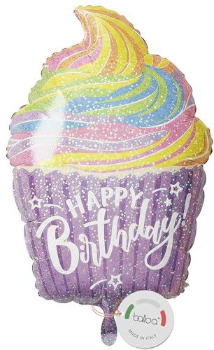 balloa Folienballon Cupcake Regenbogen Happy Birthday, XXL Deko, 57 cm | Cupcake-Design im Regenbogen-Look, XXL, heliumgeeignet, ungefüllt, fröhliche Deko für Geburtstagsfeiern