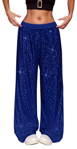 Lunovrans Pailettenhose Damen Elegant Einfarbig Lange Glitzer Hose Silvester Outfit Pailletten Karneval Kostüm Pailletten Hose Weites Bein Freizeithose Elastischem Bund Schlaghose S-XXL