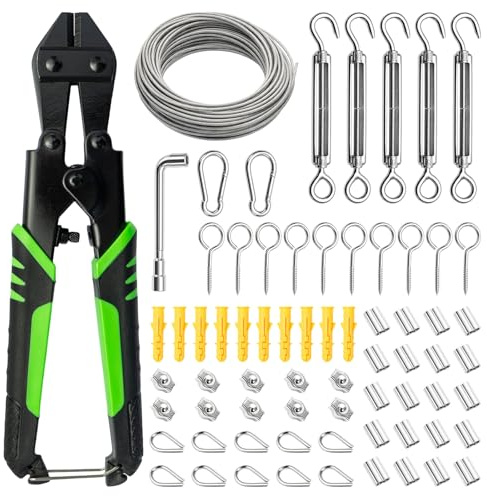 GREENSAPPIRE Wire Rope Kit 70PC 30M Stainless Steel Garden Cable Cutter | 70pcs stainless steel wire rope kit with tensioners and cutter for climbing plants, picture hanging and string lights.