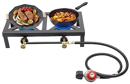 Réchaud à gaz propane à 2 brûleurs 16 kW avec tuyau pour bouteille de gaz extérieur, jardin, pique-nique, en fonte, pour patio, camping, barbecue, brassage domestique, noir