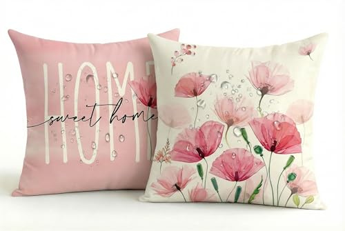 Wasserdichter Outdoor Kissenbezug 50x50, 2er Set Garten Balkon, Doppelseitig Rosa Blumen Design, Modern Dekokissen Leinen-Polyester Mix, Sommerfest für Garten Sofa Couch Wohnzimmer Schlafzimmer