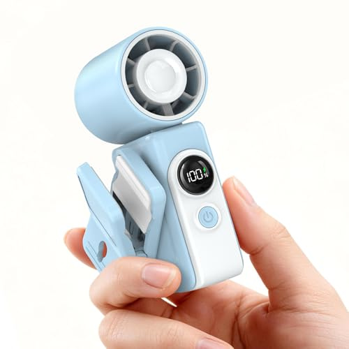 Dnenellr Mini Ventilador Portátil de Mano, Ventilador Clip (Azul Bruma) | Clip Desmontable, Cabezal Giratorio 360°, Pantalla LED, 4 Velocidades, 13500RPM, Batería 2400mAh para Bolsa, Viaje y Exterior