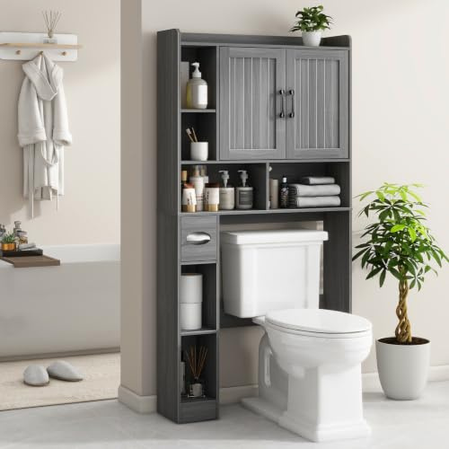 BonVache Toilettenschrank mit Türen, multifunktionaler Überbauschrank, platzsparender Waschmaschinenregal & WC Regal im Vintage Stil für Badezimmer und Waschraum