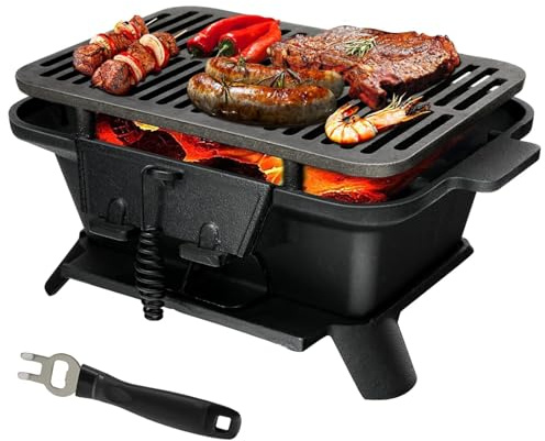 SPOTRAVEL Cast Iron Charcoal Grill, Portable Tabletop BBQ Griller (Black) | with Double-Sided Grill Grid, Air Control & Coal Door, Outdoor Charcoal Barbecue Grill for Camping Picnic Party
