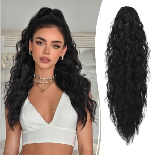 RUWISS Hästsvans med klämma, 64 cm lång, vågig lockig hästsvans, hårdel, syntetiskt, vågigt claw clip i ponytail extension för kvinnor, svart