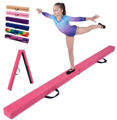 COSTWAY Barra de Equilibrio Gimnasia de 210 cm, Viga de Equilibrio Plegable de Gimnasia, Barra Gimnasia Artistica con Empuñaduras, Resistente al Desgaste para Niños Gimnastas y Animadoras (Rojo Rosa)