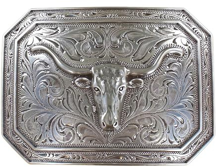 ARIAT Silver Rectangle Buckle with Longhorn Motif and Western Scroll Engraving, Smooth Edge Design, 4 x 3