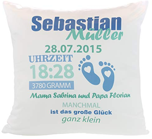Geschenke 24 Taufkissen (Blau) – bedrucktes Kuschelkissen zur Geburt – mit Name, Datum, Uhrzeit, Gewicht und Wunschtext personalisiert – persönliches Babygeschenk zur Taufe