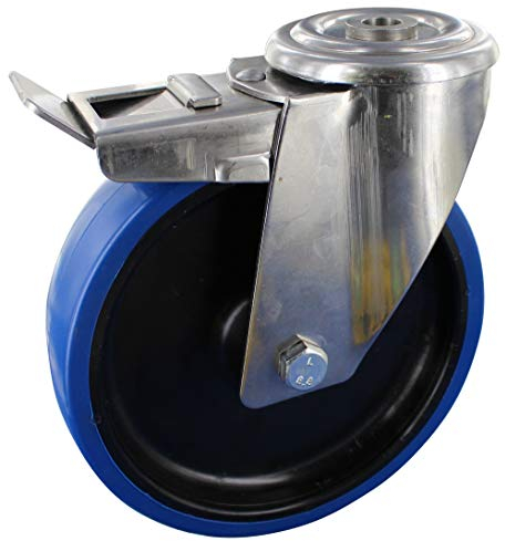 Rollentechnik Edelstahlrollen Lenkrolle mit Feststeller Ø160mm Polyurethan Rückenloch
