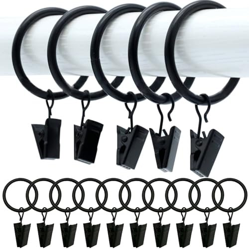 BetterJonny 50pcs Strong Metal Curtain Rings with Clips, 32mm Internal Diameter, Black