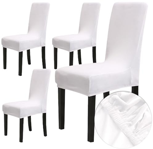 Chickwin Stuhlhussen 4er Set, Samt Dehnbarer Stuhlbezug, Waschbarer Hohen Zurück Stuhlhussen Slipcover Für Esszimmer, Hotel, Küche, Bankett, Partys,Abnehmbaren Stuhl Schutz -Weiß