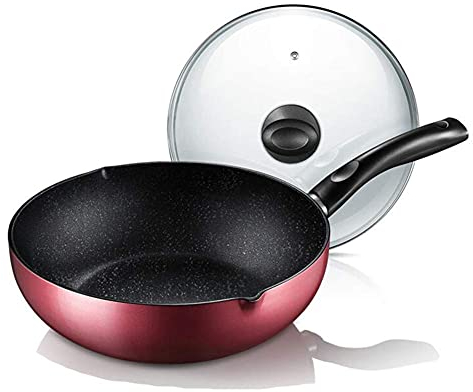 WRMIGN Wok con fondo piatto wok padelle, padelle, fondo piatto, antiaderente, wok in alluminio pressofuso, fondo piatto, antiaderente, con coperchio in vetro temperato, 28 cm, rosso vino
