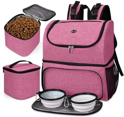 BAGLHER Pet Travel Bag, Double-Layer Pet Supplies Backpack (for All Pet Travel Supplies), Pet Travel Backpack with 2 Silicone Collapsible Bowls and 2 Food Baskets Pink