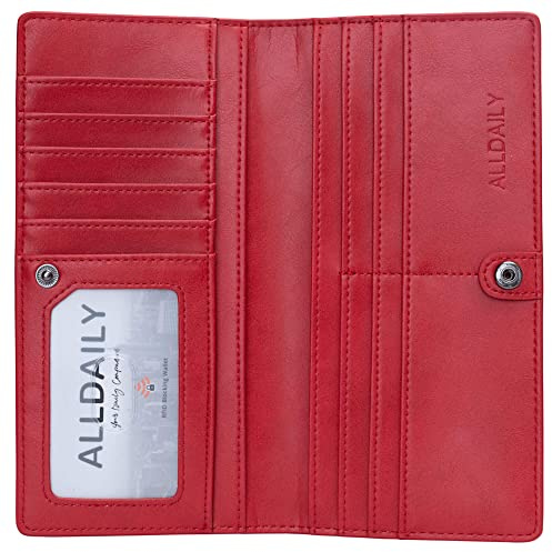Alldaily Portafoglio da donna ultra sottile con blocco RFID, porta carte di credito, bifold lungo, da donna, rosso, minimalista