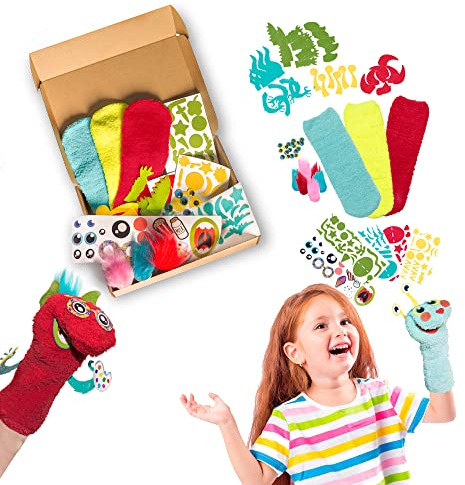 Bomodoro- Caja de Manualidades para niños. Kit para diseñar y Decorar Marionetas de calcetín. Juego de Creatividad y Arte The Puppet Master