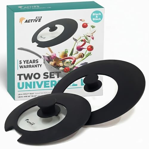2-Pack Universal Silicone Lids for Pots and Pans - Replacement Pan Covers Fit 7-12 Inch Frying Pans and Pots, Black & Black