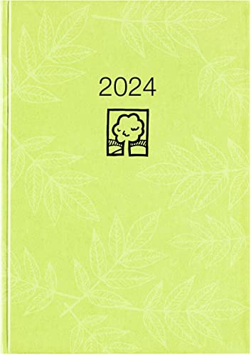 Taschenkalender grün 2024 - Bürokalender 10,2x14,2 - 1 Tag auf 1 Seite - robuster Kartoneinband - Stundeneinteilung 7-19 Uhr - Blauer Engel - 610-0713