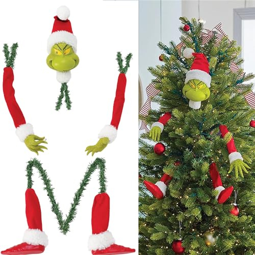 Grinch Dekor für Weihnachtsbaum,lustiger Weihnachtsbaumschmuck,Weihnachten Grinch Körper Ornament,Grinchs Elfenkopf/Arm/Bein für Weihnachtsbaumstola Elf gefülltes Bein Stecken Baumspitze Ornamente