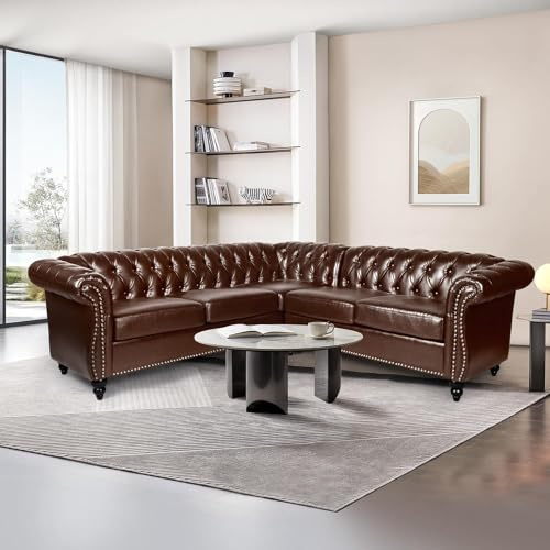 QHITTY Sectional L-Shaped Sofa, Chesterfield Faux Leather Couch 5 Seater Upholstered Small Accent Tufted Sofa with Nailhead Design and Rolled Armrest for Living Room, Apartment, Office (Dark Brown)