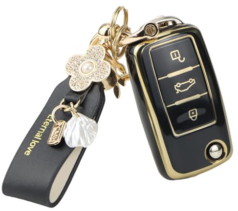 Protège Clef de Voiture avec Porte Clés 3 Boutons avec VW Golf 5 6 Polo | Coque Clé VW étui pour Clé de Voiture Tup avec VW Golf Polo Touran Touareg Passat MK6 Caddy Jetta Scirocco Skoda Seat Noir