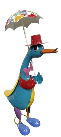 Colorful Metal Blue Duck Statue Holding Floral Umbrella Wearing Top Hat and Bow Tie, Outdoor Garden Decor, Patio and Lawn Ornament Figurine, Indoor Home Decoration, Gift, Yard Art