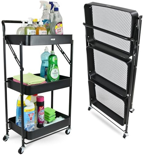 deluxe4home® Servierwagen mit 3 Ebenen Klappbar I Servierwagen Küchenwagen mit Griff I Rollen mit Bremsen I Kleiner Nischenwagen Aufbewahrung und Mehrzweckwagen