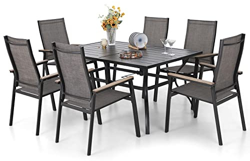 PHI VILLA Gartenmöbel Set Balkonmöbel Terrasse Rechteckiger Gartentisch mit 6 Stühlen Outdoor Tisch & Textilene Stapelbare Stühle 6er Set Balkon Bistro Garten Möbel Set