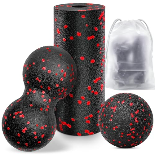 Kisvic Faszienball und Klein Faszienrolle, Massageball Set Relieve Stress and Relax Tight Muscles, Duoball für Wirbelsäule Fuß Nacken und Rücken (Rot)