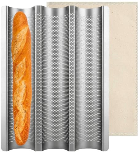 Baguette Pan Nonstick Baguette Pans 3 Loaves French Bread Pan Bread Tray with Thick Proofing Cloth Dough Couche Long Sourdough Bread Baking Pan for Baking Molding 15 x 11