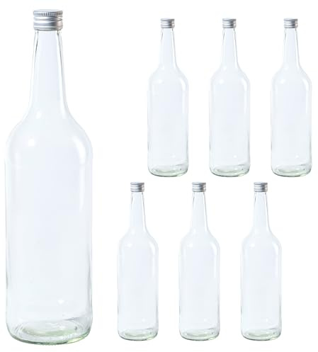 Vitrea 6 leere Glasflaschen 1 Liter Schraubverschluss Silber - große Flaschen zum Befüllen mit Deckel - für Wein, Saft, Getränke, Likör, Öl, Saucen - 6 Stück, PP28, Gradhals